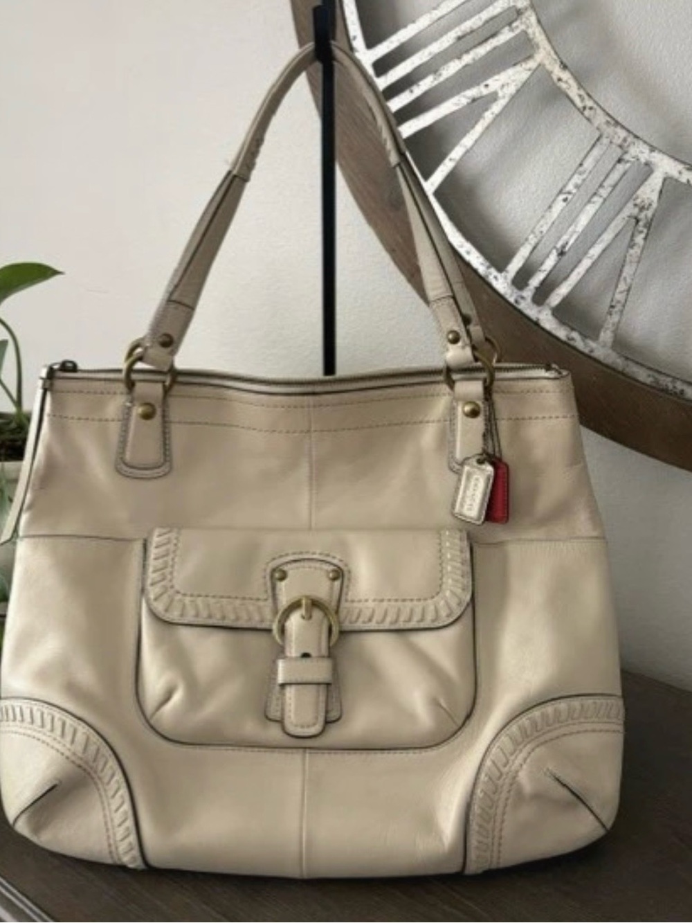 Vintage Coach poppy whipstitch Leather Tote Bag in Cream.